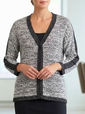 JM COLLECTION Black White Boucle Metallic Cardigan Sweater Size M
